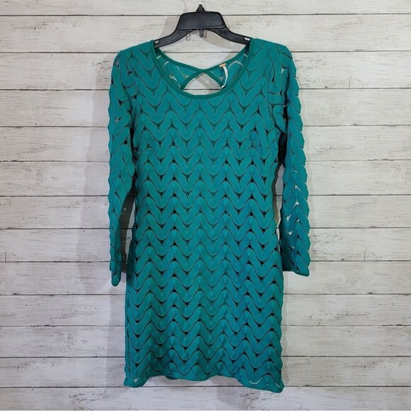 Free People Crochet Style Bodycon Open Back Dress Teal Blue Green Size Small - Picture 12 of 13